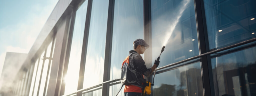 Worker washing windows in the office building