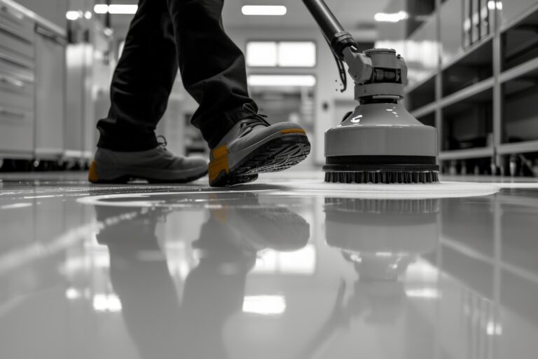 Cleaning household chores with a vacuum cleaner on a black and white floor background