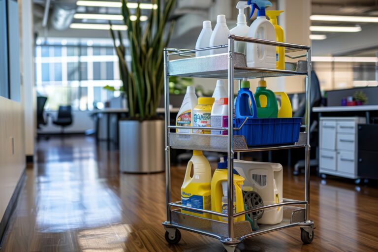 professional-janitorial cart with cleaning supplies corporate office environment