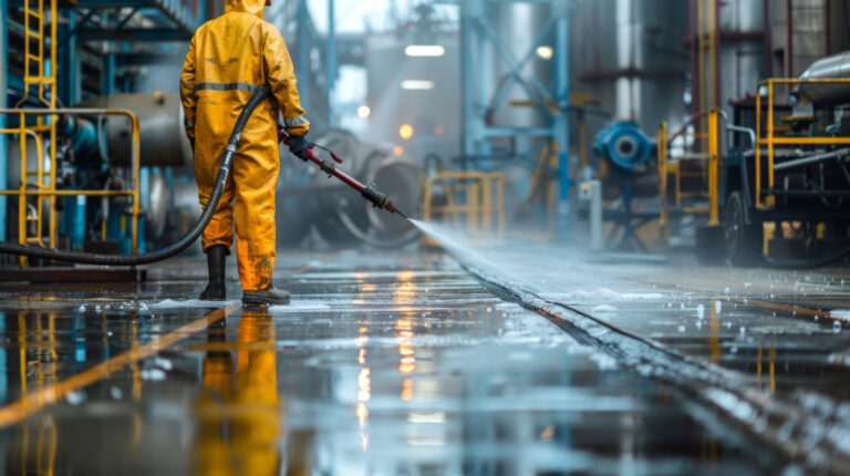 Worker in protective gear pressure washing a greasy factory floor with industrial equipment | Mcewanscleaning